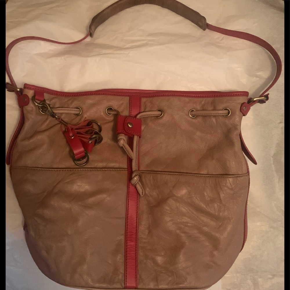 Anthropologie Tan and Red Leather Shoulder Bag